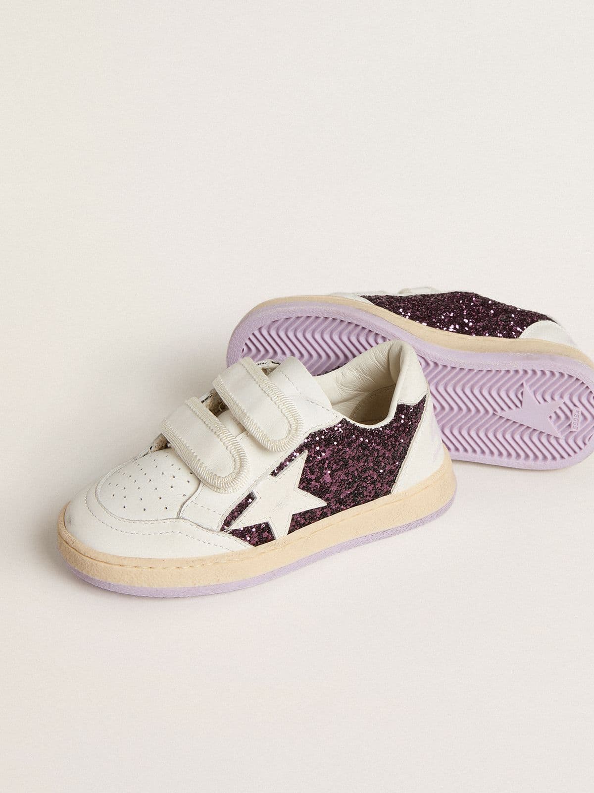 Junior Ball Star in purple glitter with white leather star and heel tab - Golden Goose Kids