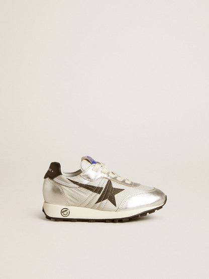 Junior Marathon in silver nylon with black star and leather heel tab - Golden Goose Kids