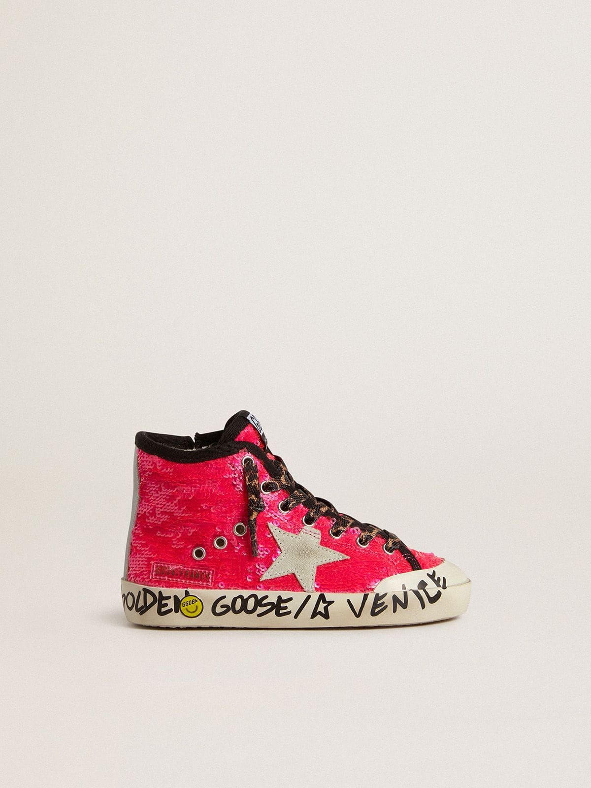 Junior Francy in sequins with ice-gray suede star and animal-print laces - Golden Goose Kids