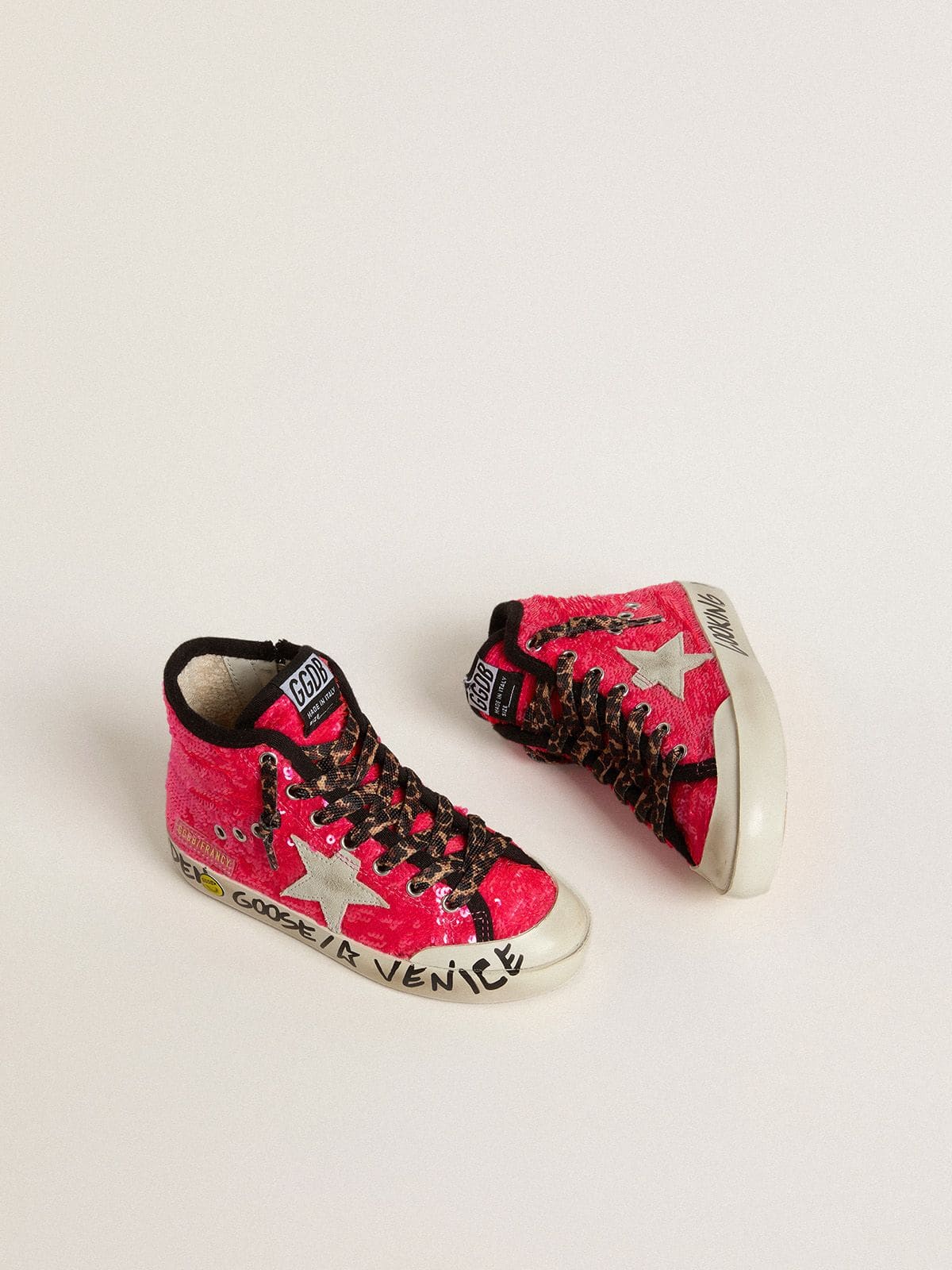 Junior Francy in sequins with ice-gray suede star and animal-print laces - Golden Goose Kids