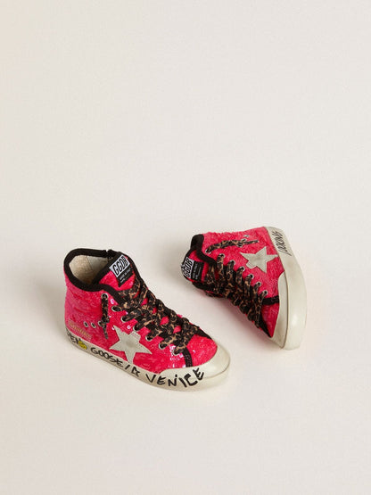 Junior Francy in sequins with ice-gray suede star and animal-print laces - Golden Goose Kids