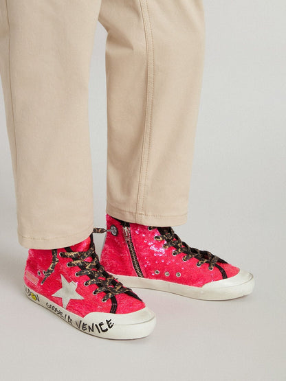 Junior Francy in sequins with ice-gray suede star and animal-print laces - Golden Goose Kids
