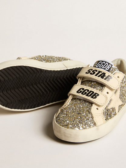 Old School Junior in platinum glitter with leather star and heel tab - Golden Goose Kids