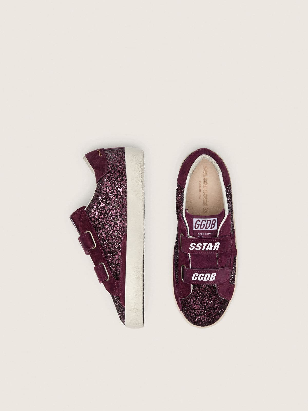 Junior Old School in burgundy glitter with burgundy suede star and heel tab - Golden Goose Kids