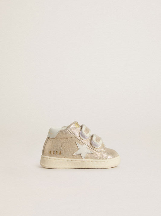 Junior June in sand-colored metallic suede with white leather star and heel tab - Golden Goose Kids