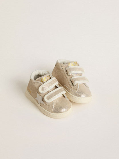 Junior June in sand-colored metallic suede with white leather star and heel tab - Golden Goose Kids