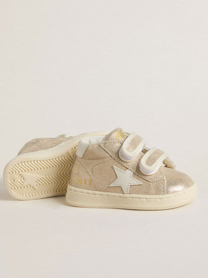 Junior June in sand-colored metallic suede with white leather star and heel tab - Golden Goose Kids