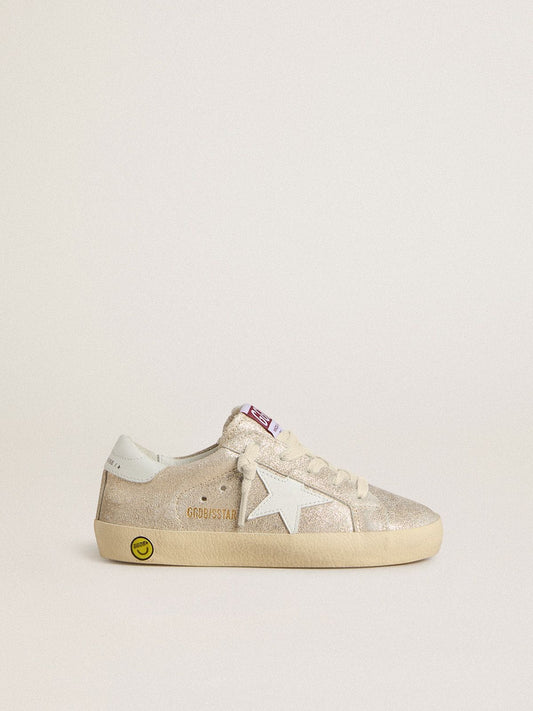 Junior Super-Star in sand-colored laminated-effect suede with white leather star - Golden Goose Kids