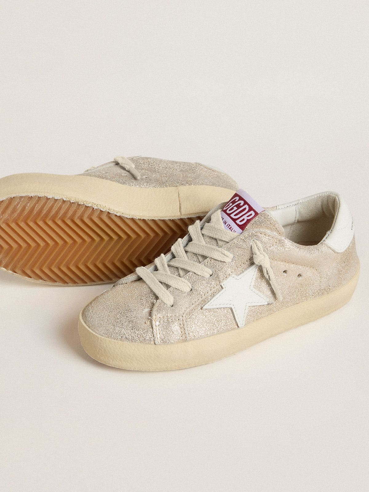 Junior Super-Star in sand-colored laminated-effect suede with white leather star - Golden Goose Kids