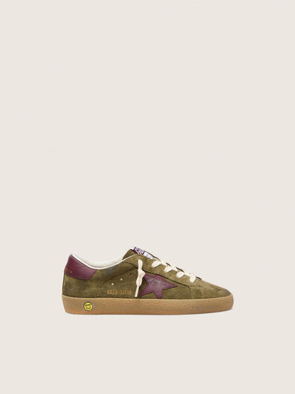 Junior Super-Star in military-green suede with burgundy leather star and heel tab - Golden Goose Kids
