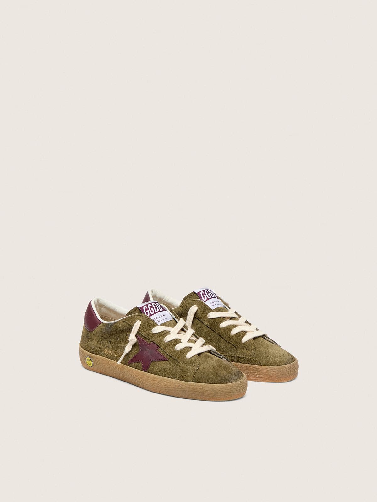 Junior Super-Star in military-green suede with burgundy leather star and heel tab - Golden Goose Kids