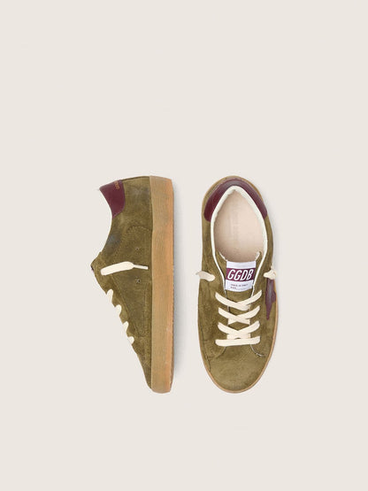 Junior Super-Star in military-green suede with burgundy leather star and heel tab - Golden Goose Kids