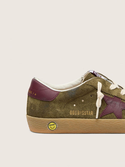 Junior Super-Star in military-green suede with burgundy leather star and heel tab - Golden Goose Kids