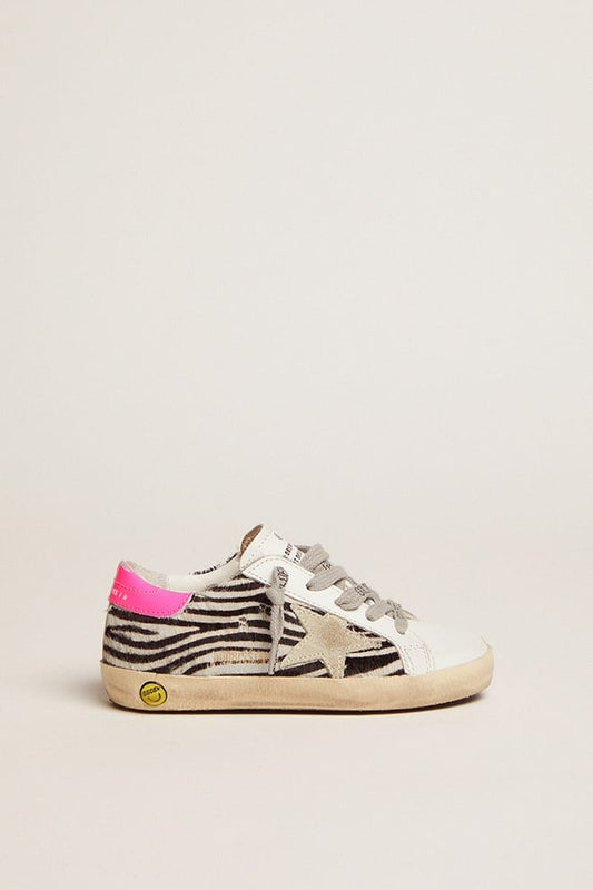Junior Super-Star in leather and zebra-print pony skin with fuchsia heel tab - Golden Goose Kids