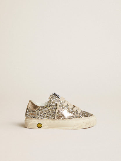 May Junior in platinum glitter with metallic leather star and heel tab - Golden Goose Kids