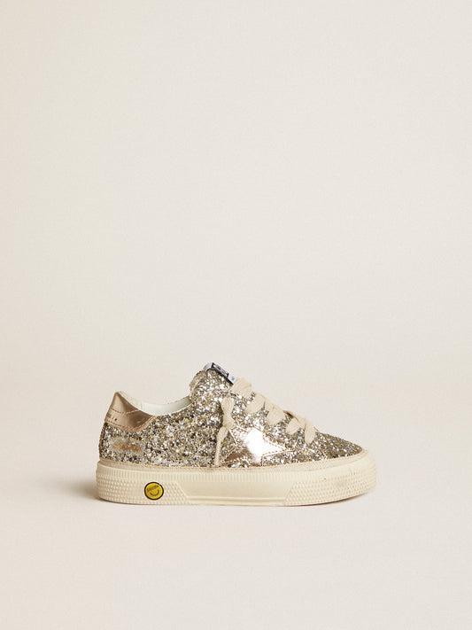 May Junior in platinum glitter with metallic leather star and heel tab - Golden Goose Kids