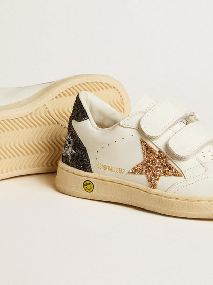 Junior Ball Star in white nappa with glitter star, heel tab and heel - Golden Goose Kids
