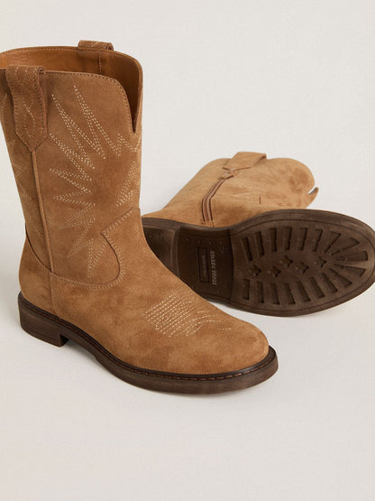 Wish Young boots in camel suede with star embroidery - Golden Goose Kids