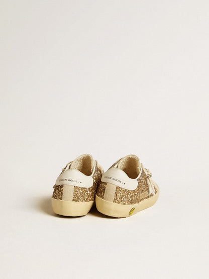 Super-Star Junior in gold glitter with white leather star and heel tab - Golden Goose Kids