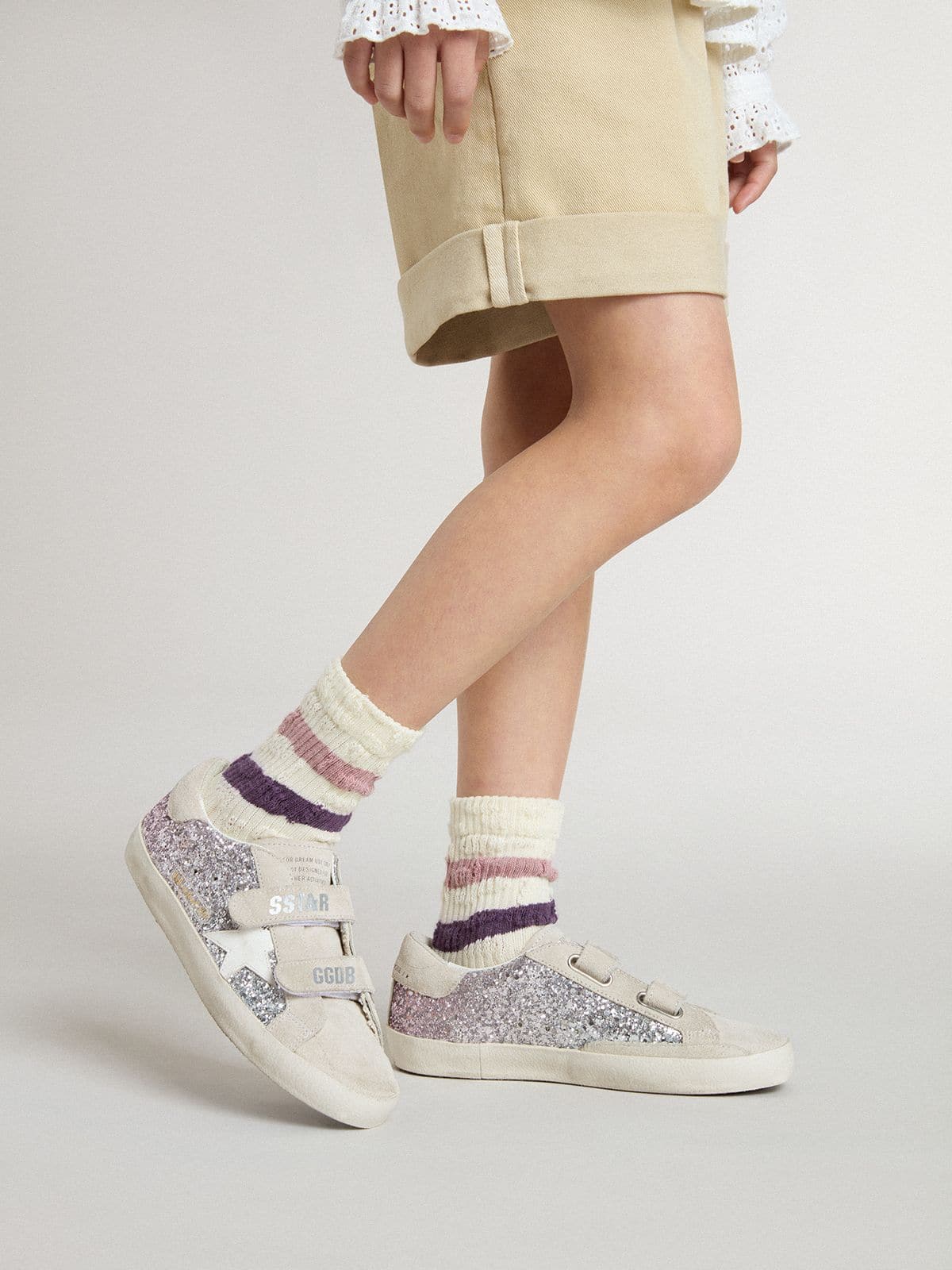 Junior Old School in silver and pink glitter with white leather star - Golden Goose Kids