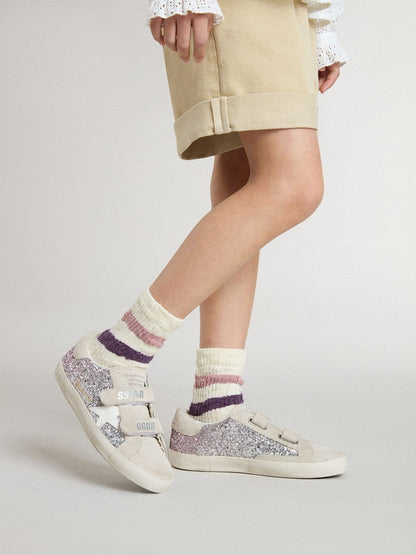 Junior Old School in silver and pink glitter with white leather star - Golden Goose Kids