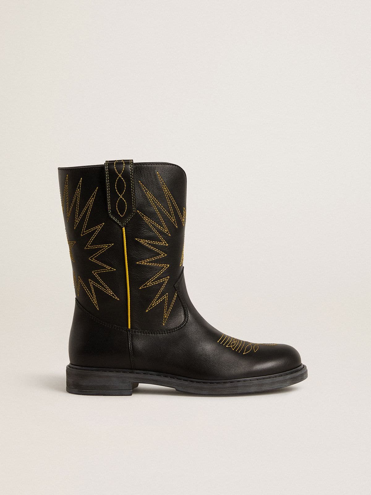 Wish Young boots in black leather with yellow star embroidery - Golden Goose Kids