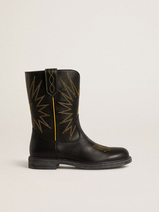 Wish Young boots in black leather with yellow star embroidery - Golden Goose Kids