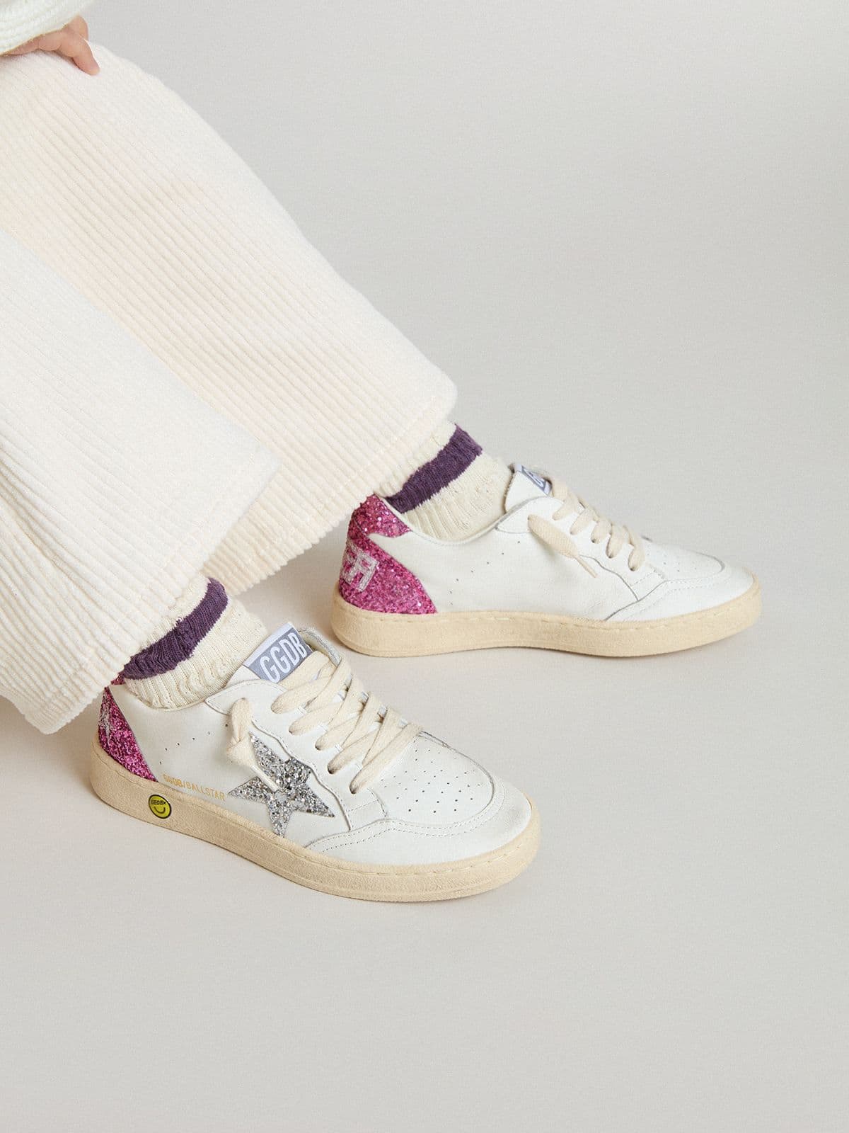 Junior Ball Star with silver glitter star and pink glitter heel tab - Golden Goose Kids
