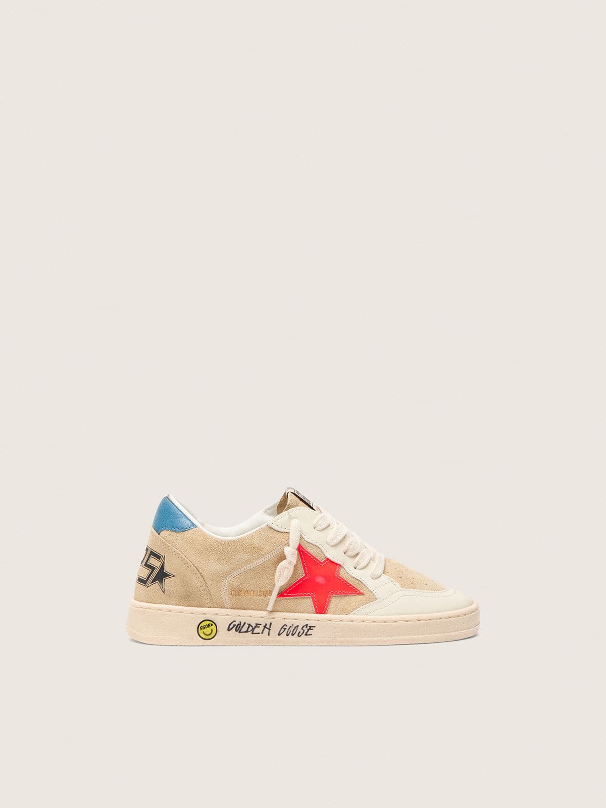 Ball Star Junior in beige suede with red star and light blue heel tab - Golden Goose Kids