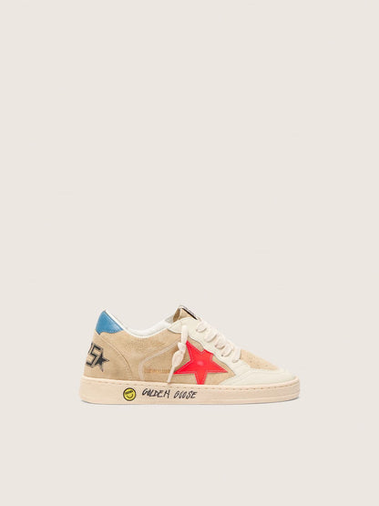 Ball Star Junior in beige suede with red star and light blue heel tab - Golden Goose Kids
