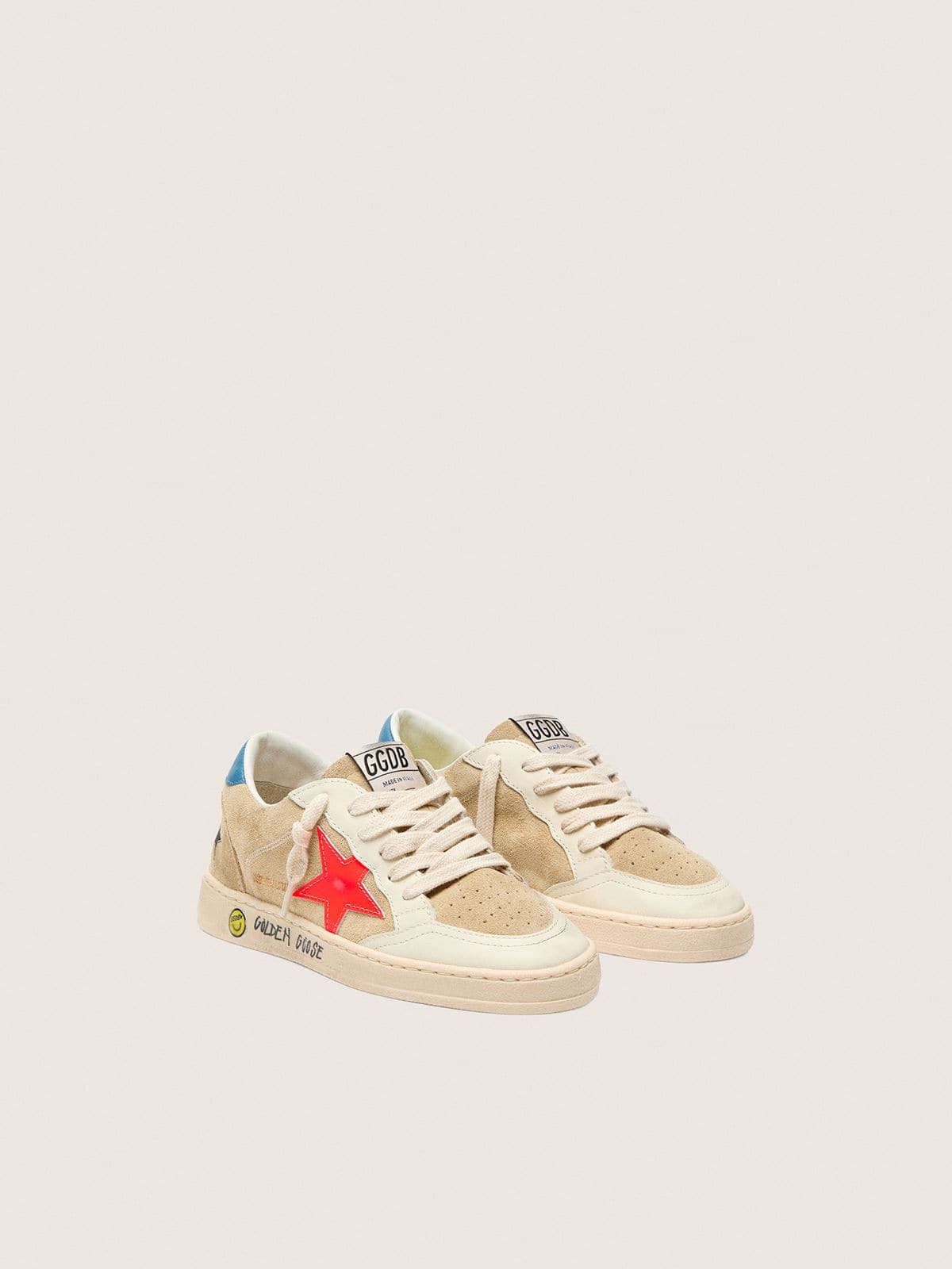 Ball Star Junior in beige suede with red star and light blue heel tab - Golden Goose Kids