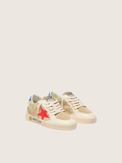 Ball Star Junior in beige suede with red star and light blue heel tab - Golden Goose Kids