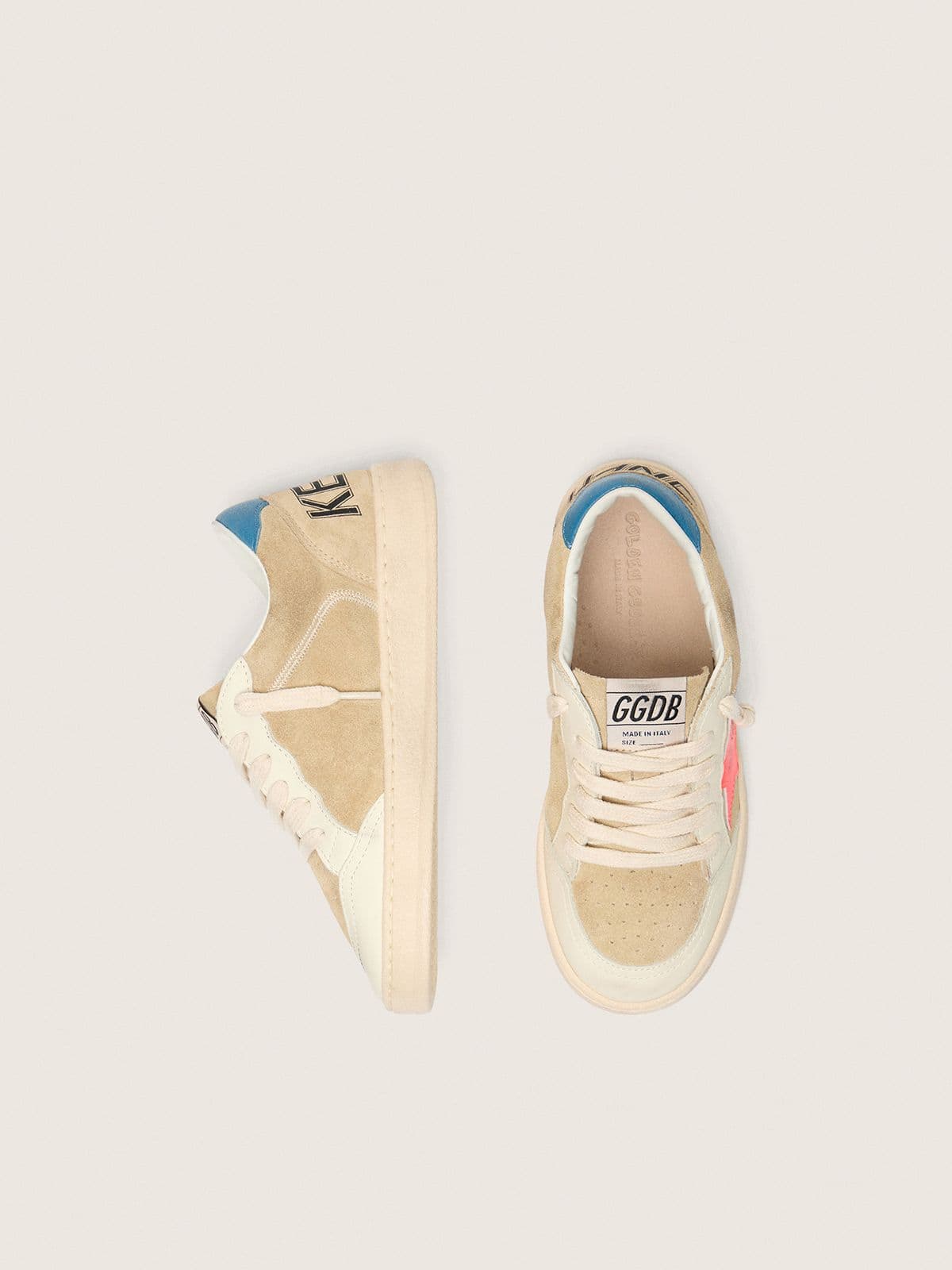 Ball Star Junior in beige suede with red star and light blue heel tab - Golden Goose Kids