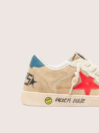 Ball Star Junior in beige suede with red star and light blue heel tab - Golden Goose Kids