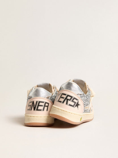 Junior Ball Star in glitter with silver metallic leather heel tab - Golden Goose Kids