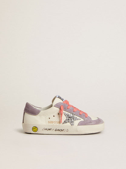 Junior Super-Star with silver glitter star and lilac suede inserts - Golden Goose Kids