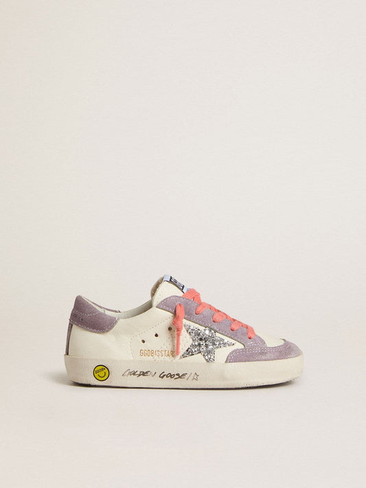 Junior Super-Star with silver glitter star and lilac suede inserts - Golden Goose Kids