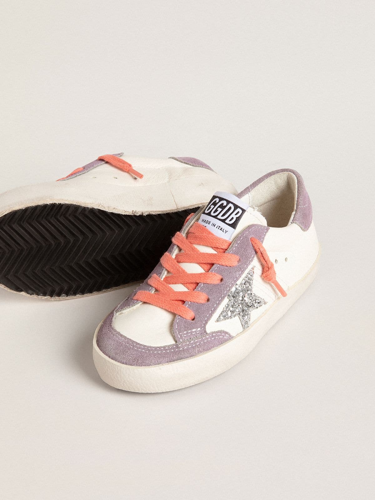 Junior Super-Star with silver glitter star and lilac suede inserts - Golden Goose Kids