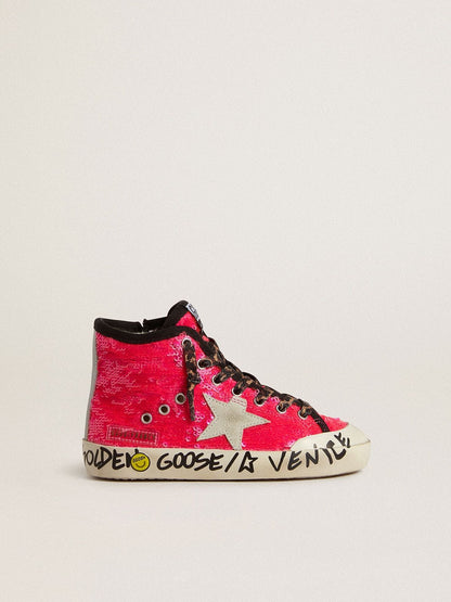 Young Francy in sequins with ice-gray suede star and animal-print laces - Golden Goose Kids