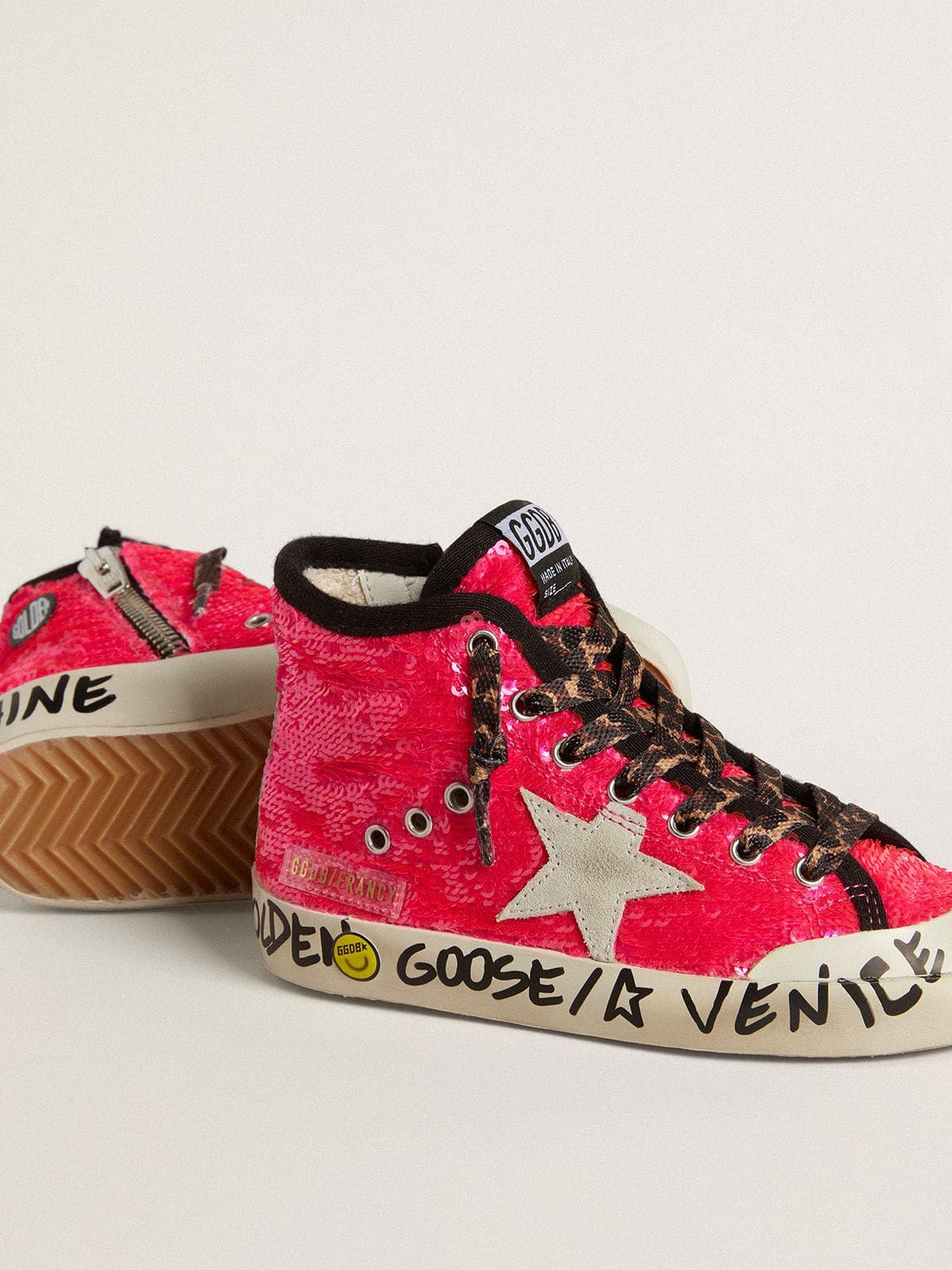 Young Francy in sequins with ice-gray suede star and animal-print laces - Golden Goose Kids