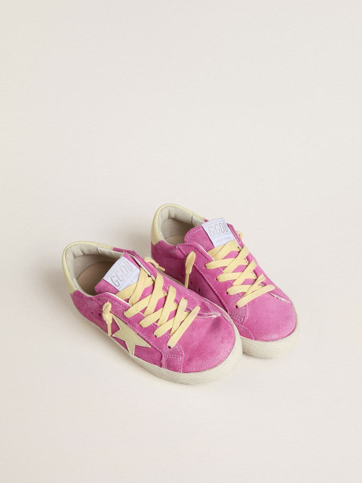 Junior Super-Star in pink suede with light yellow star and heel tab - Golden Goose Kids