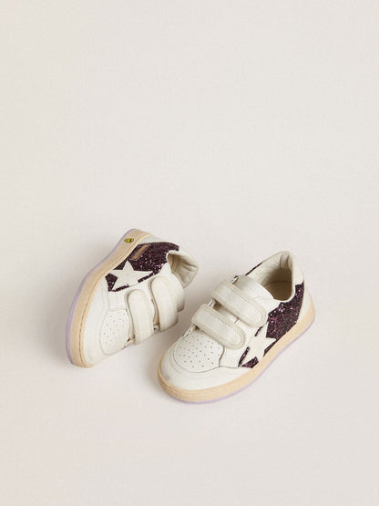 Young Ball Star in purple glitter with white leather star and heel tab - Golden Goose Kids