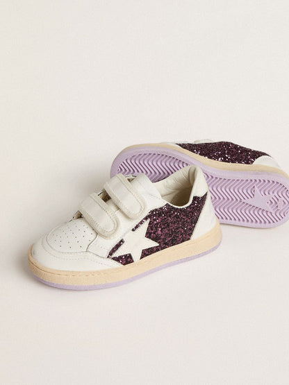 Young Ball Star in purple glitter with white leather star and heel tab - Golden Goose Kids