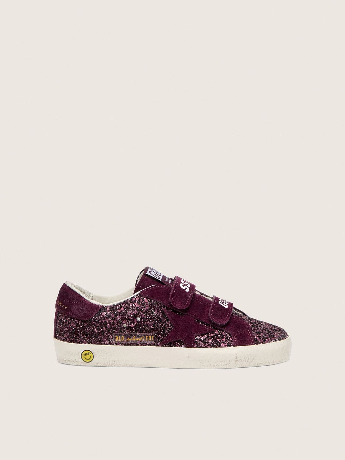 Young Old School in burgundy glitter with burgundy suede star and heel tab - Golden Goose Kids