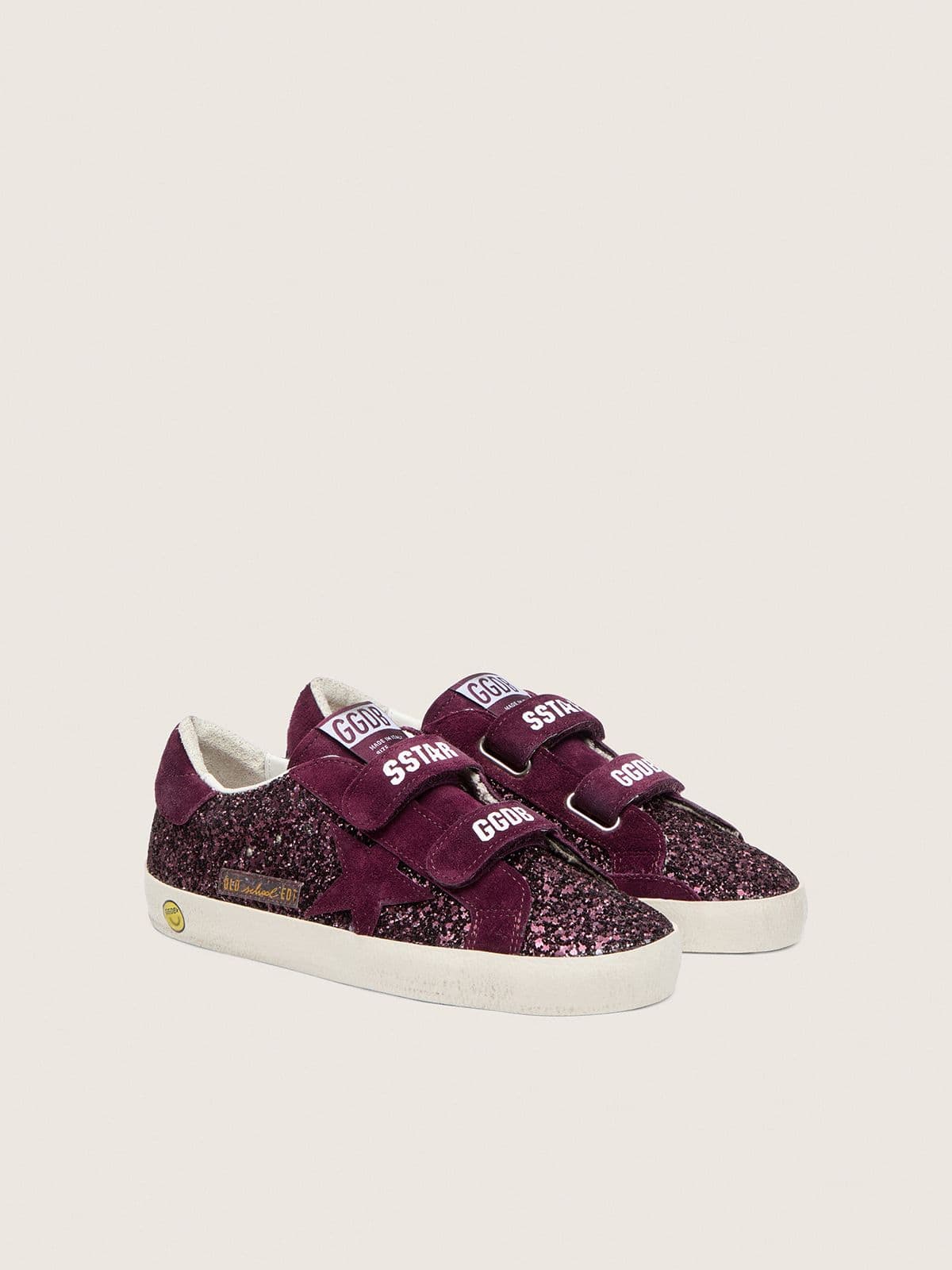 Young Old School in burgundy glitter with burgundy suede star and heel tab - Golden Goose Kids