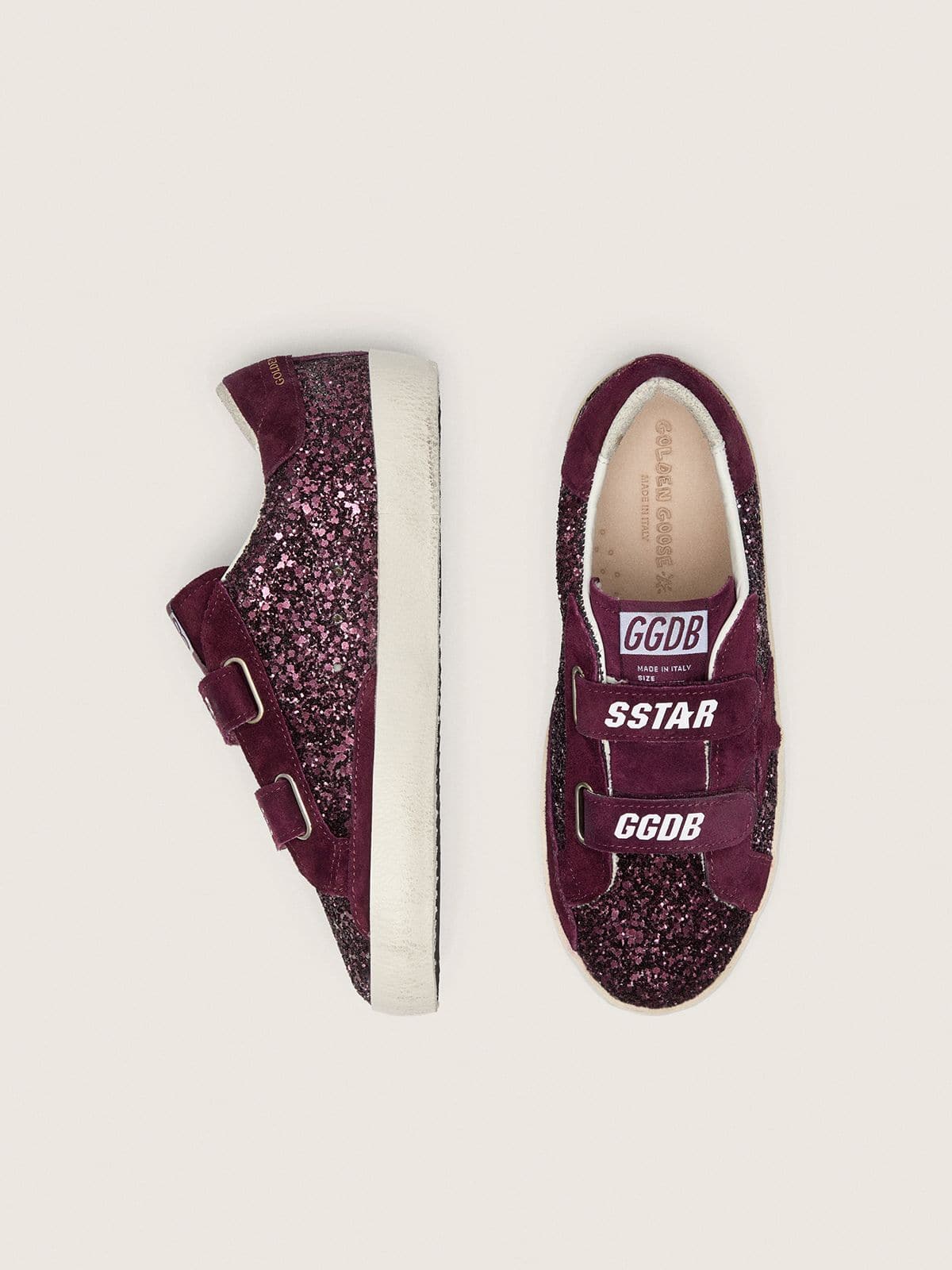 Young Old School in burgundy glitter with burgundy suede star and heel tab - Golden Goose Kids
