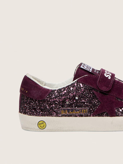 Young Old School in burgundy glitter with burgundy suede star and heel tab - Golden Goose Kids