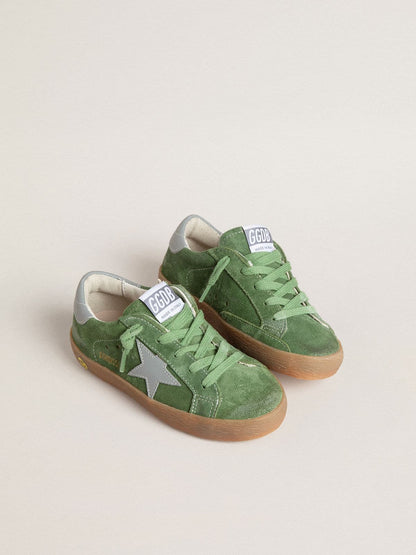 Junior Super-Star in green suede with baby blue star and heel tab - Golden Goose Kids