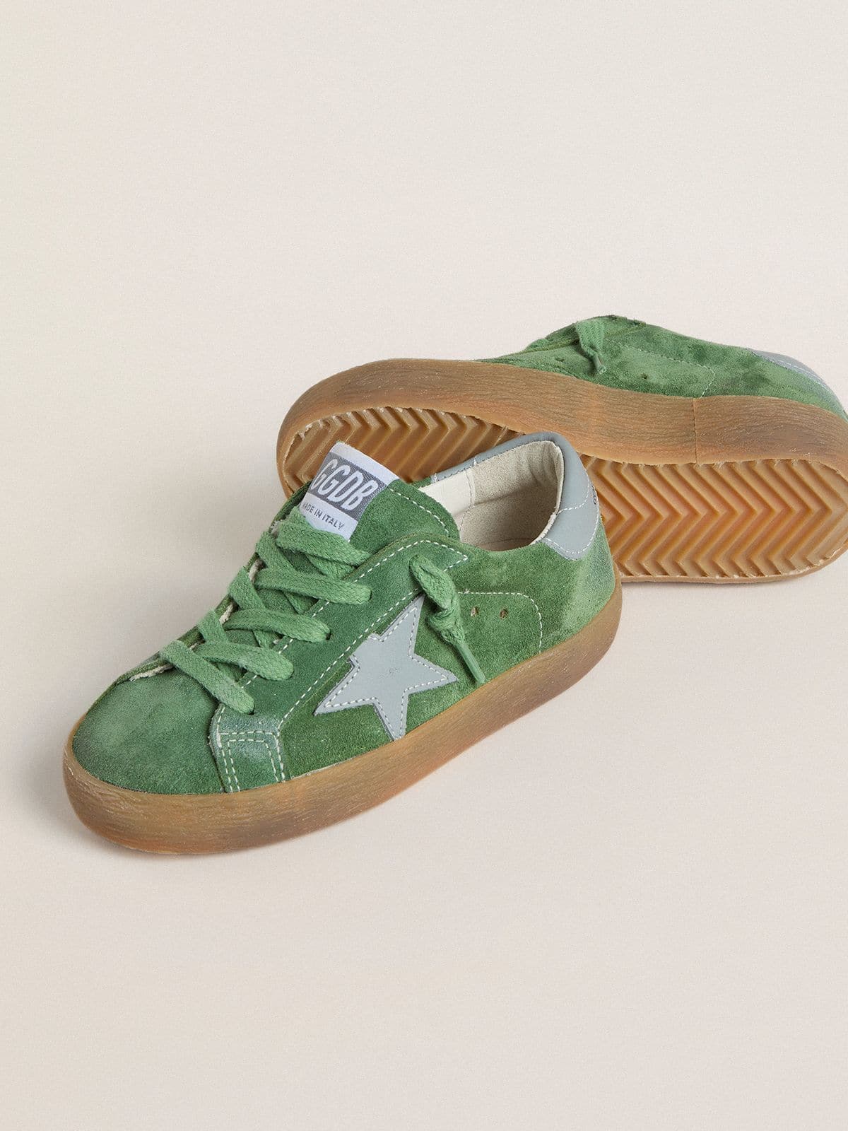 Junior Super-Star in green suede with baby blue star and heel tab - Golden Goose Kids