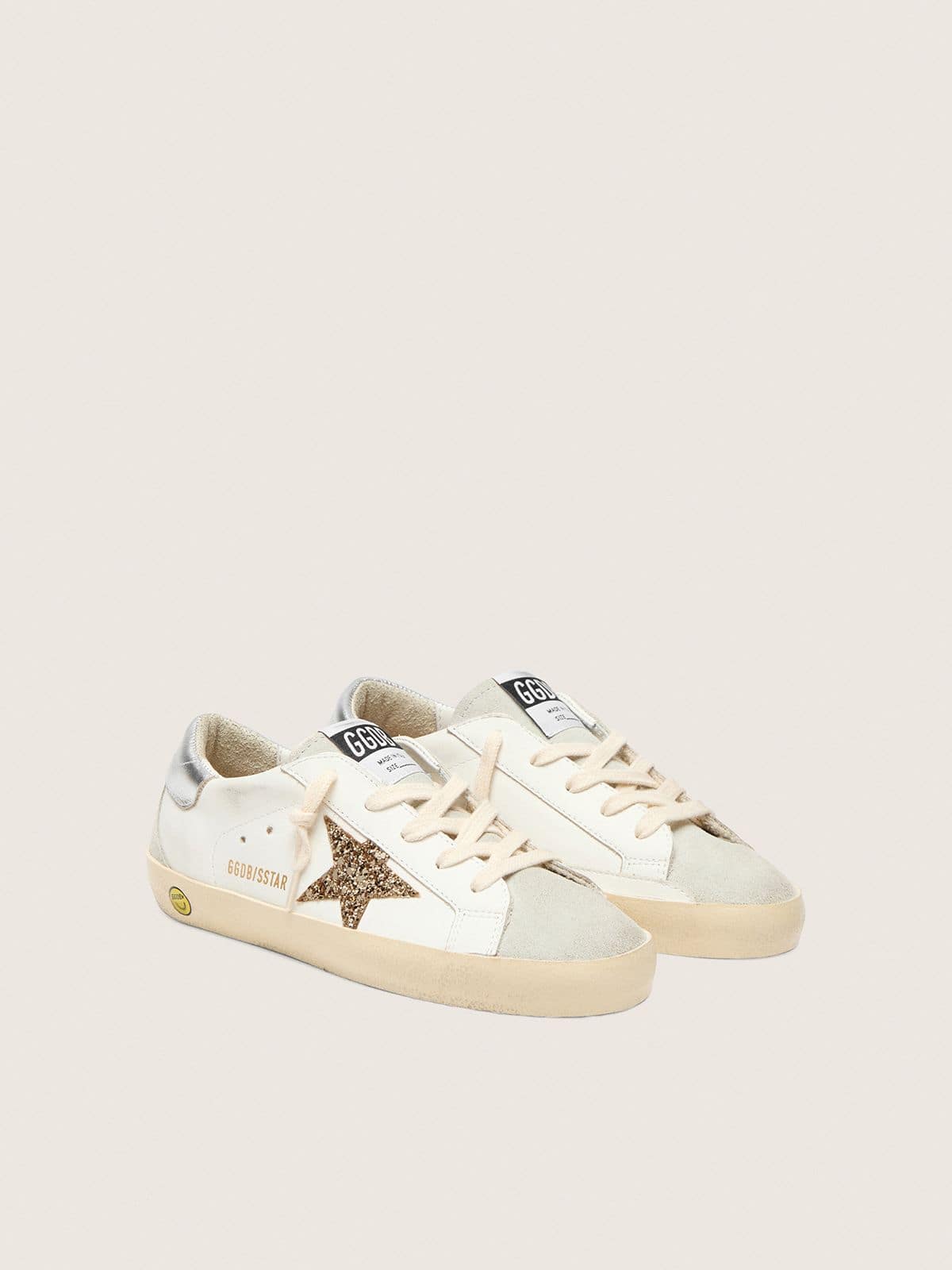 Young Super-Star with gold glitter star and silver metallic leather heel tab - Golden Goose Kids